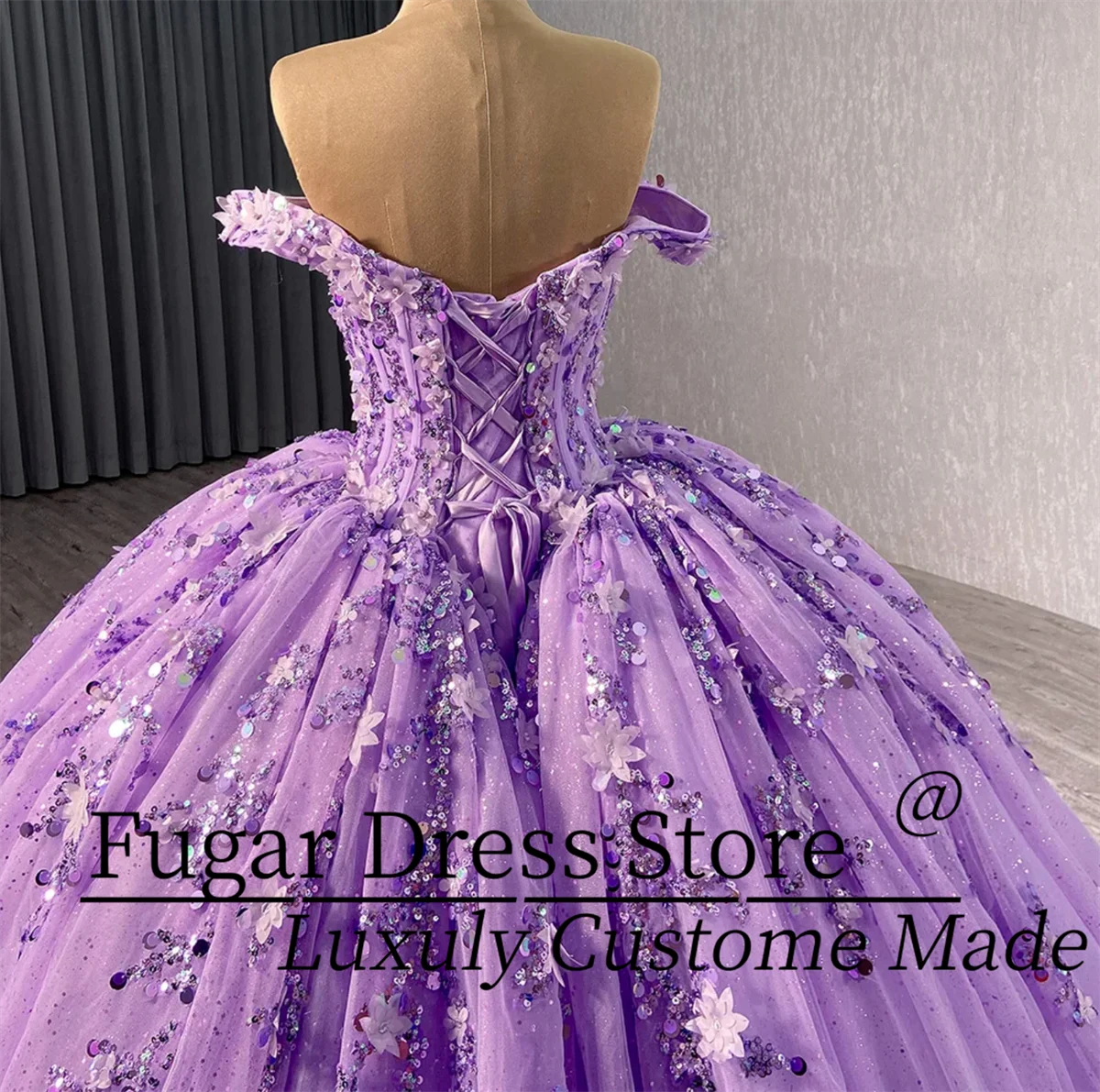 فستان Quinceanera أرجواني مخصص لامع معقد ترتر حبة زينة بلا أكمام فستاين سهرة/فساتين الحفلات vestidos de 15quinceañera #4