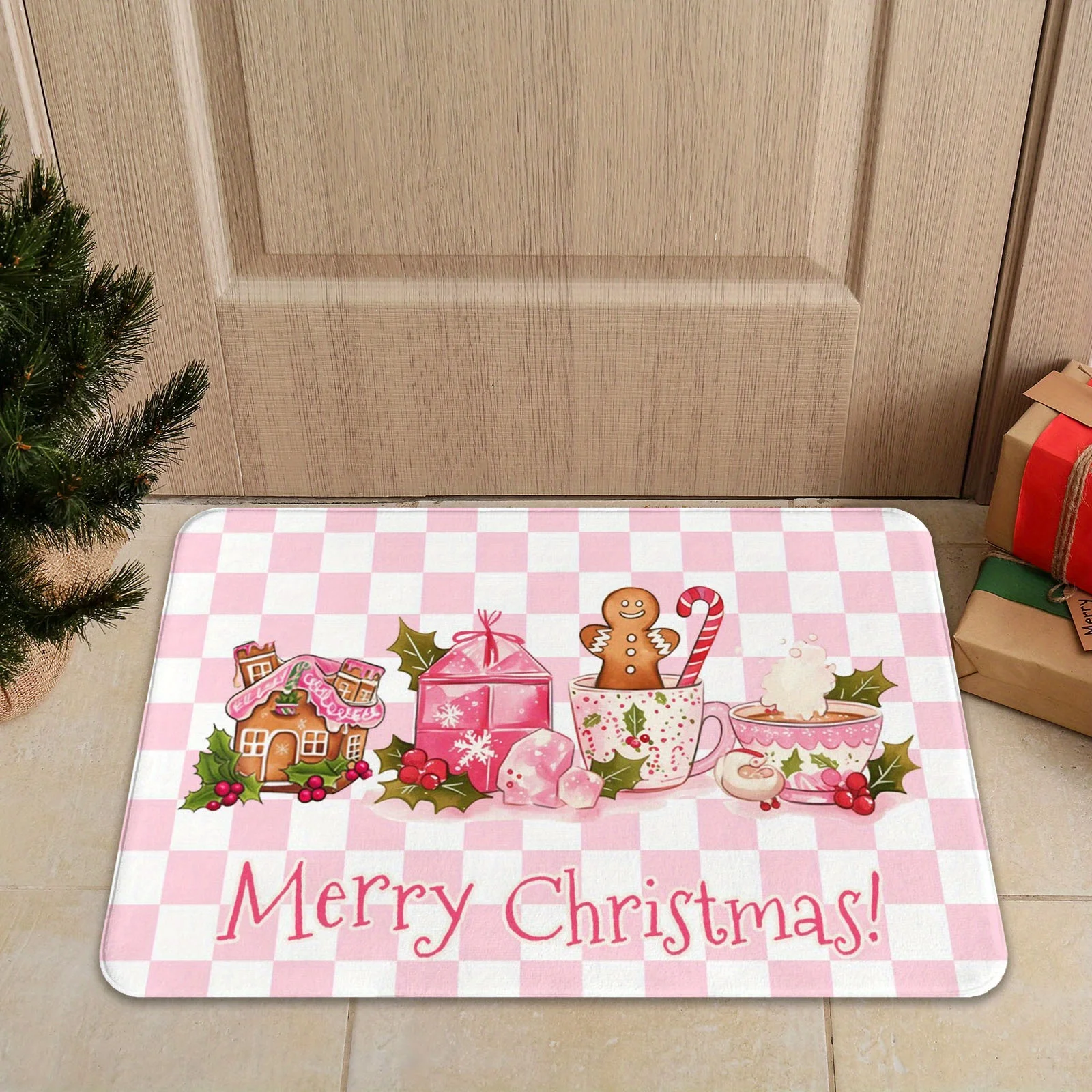 

Christmas Celebration Theme Pink White Plaid Pattern Bathroom No-silp Doormat Suitable for Livingroom Decorative Accessories Pad