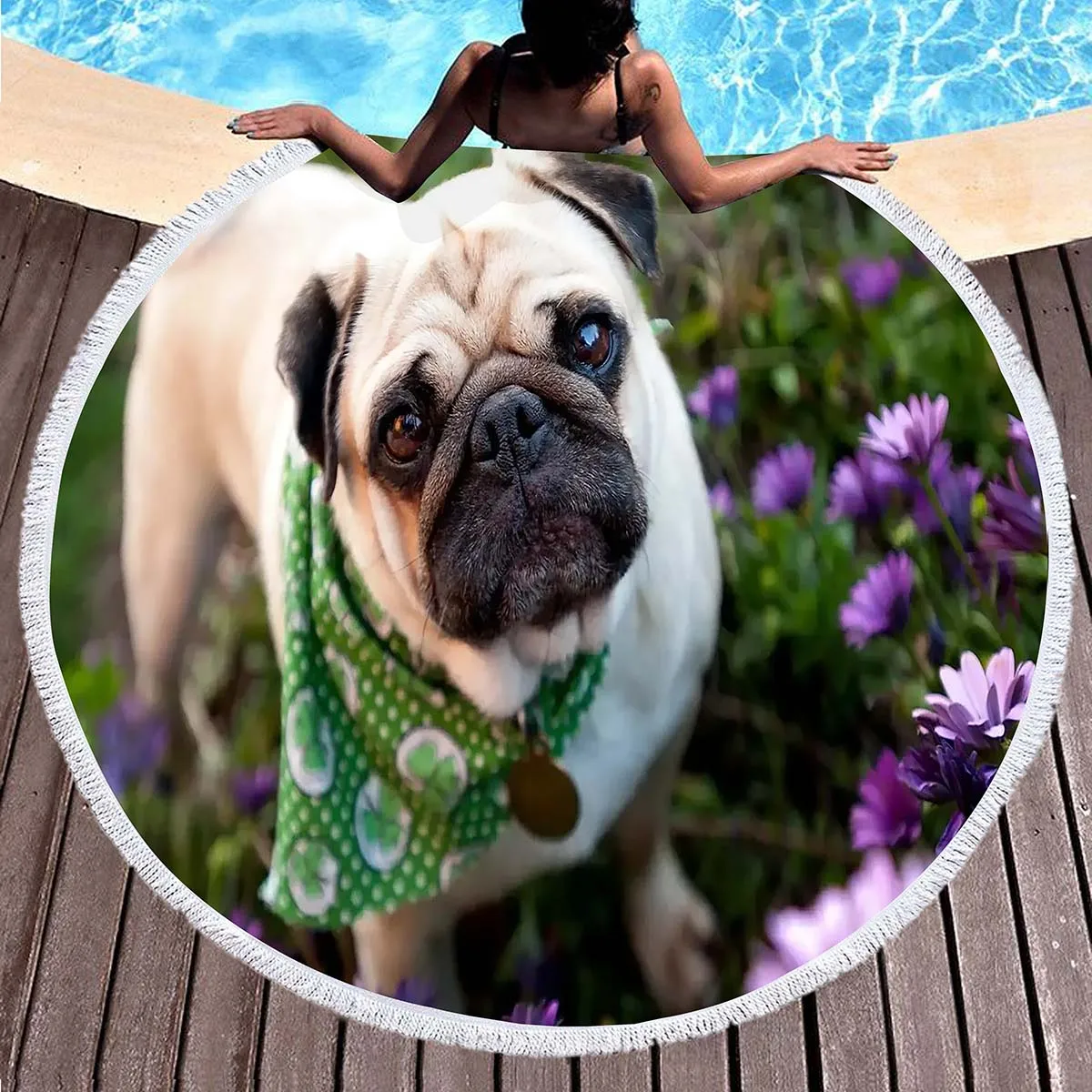 Pug Beach Towel Ugly Cute Dog Tilted Head Hanging Out Decorative Beach Round Towel Blanket Multi-purpose Absorbent Bath Towel