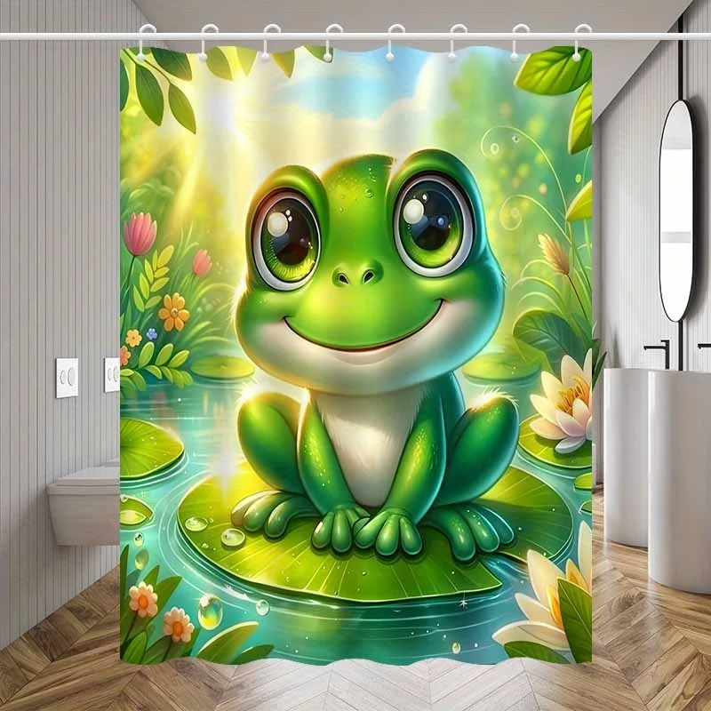 

Cute Frog Shower Curtain Lily Pad Pond Art Green Nature Decor Kids Bathroom Waterproof Fabric Bath Curtain Set Home