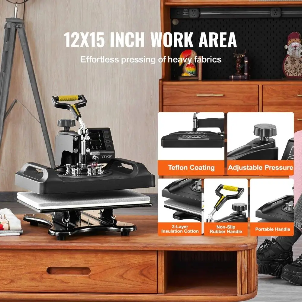 Heat Press Machine 12x15 Inch Fast Heating Digital 360 Swing Away Sublimation Printer Anti-Scald Surface ETL Listed Black