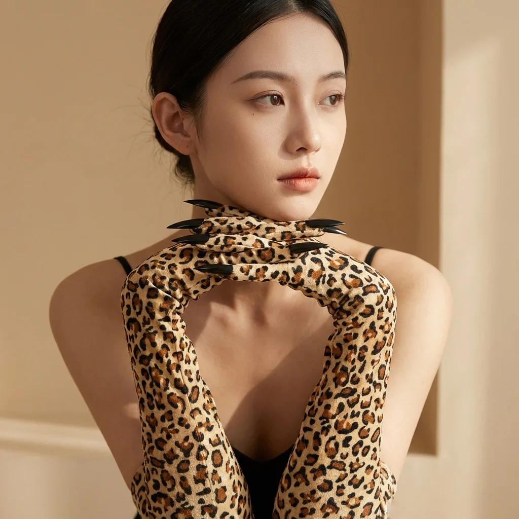 Leopard Velvet Claw Gloves for Women Long Nail Finger Gloves Party Costume Gothic Statement Accessory