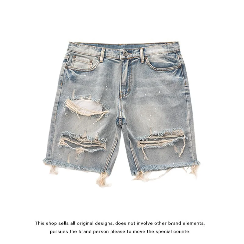 Mens Denim Shorts Button Zipper Fly Multi Pockets Straight Fit Ripped Holes Knee Length Distressed Summer Casual Jeans Shorts