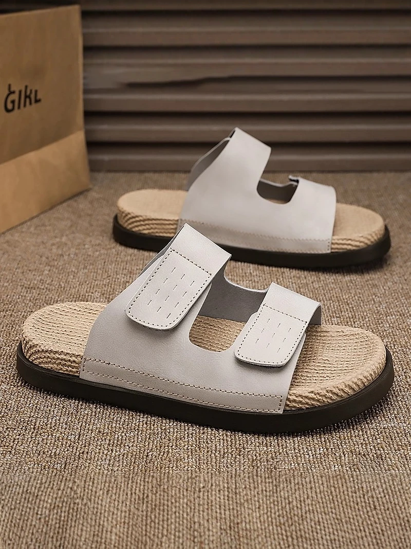  Men's Summer Outdoor Wear Trendy Grass Woven Casual Sandals Anti-slip Deodorant Outdoor Beach High-end One-strap ...