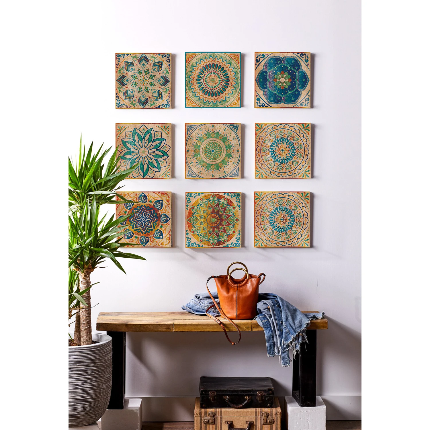 24 Pieces of Mandala Retro Pattern Glossy Self-adhesive Tile Stickers for Kitchen and Bathroom Removable Waterproof Wall Sticker