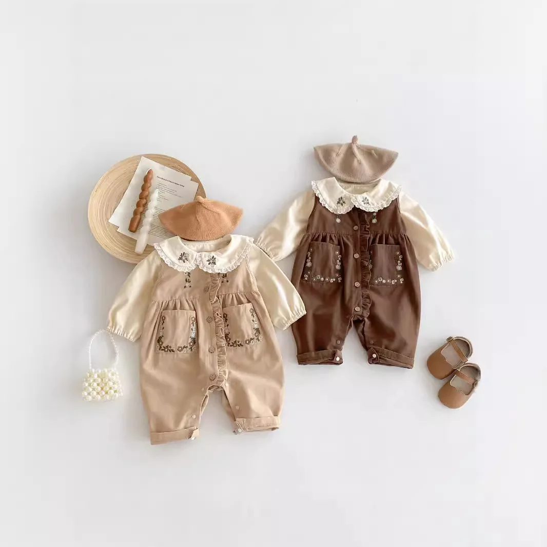 Spring Autumn 2024 Baby Girls 2PCS Clothes Set Cotton Lace Embroidery Shirts Pocket Sleeveless Jumpsuit Suit Toddler Girl Outfit