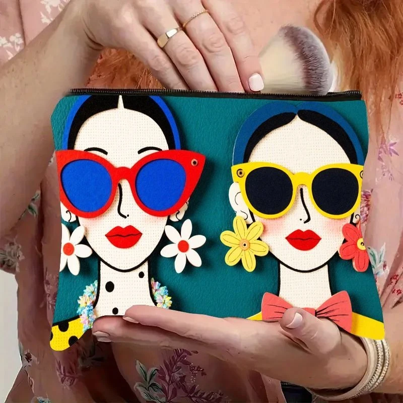 1 Stück Make-up-Tasche für Damen mit Reißverschluss – niedliche Cartoon-Gesichts-Clutch-Geldbörse, blaugrüner Hintergrund und roten/blauen/gelben Blumenakzenten – Detail 3