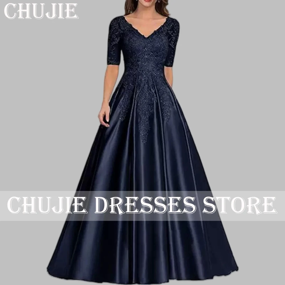 Satin Lace Applique Mother of The Bride Dress Prom Party Gowns Half Sleeve Customized Wedding Guest Dresses Formal Evening Dress