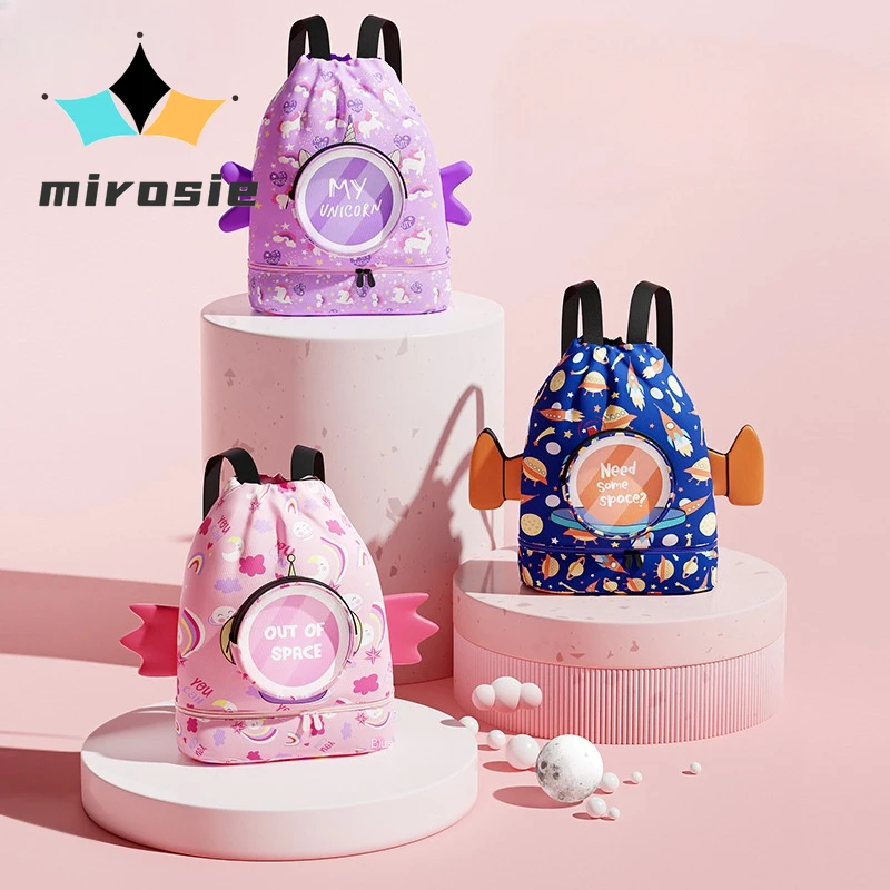 Mirosie Swimming Bag for Children, Double Shoulder Waterproof Bag for Storing Boys and Girls, Portable Cute Cartoon Backpack