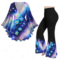 Women's New Flare Sleeve Top or Flare Pants Daily Casual Matching Set 3D Flowers Dewdrop Waterdrop Galaxy Stars Sequin Print Set