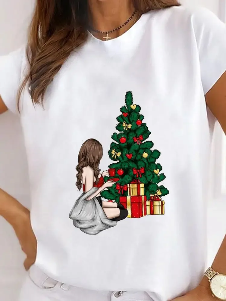 gift tree cute Print T Shirt Top Clothes Fashion new year Short Sleeve Basic Women Tee Clothing Graphic Christmas T-shirts