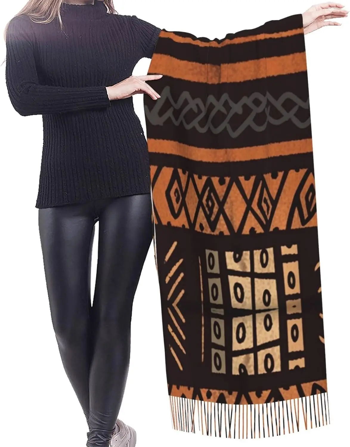 African Mud Cloth Tribal Print Women's Scarfs Warm Winter Scarves Fashion Tassel Shawl Wraps for Indoor Outdoor