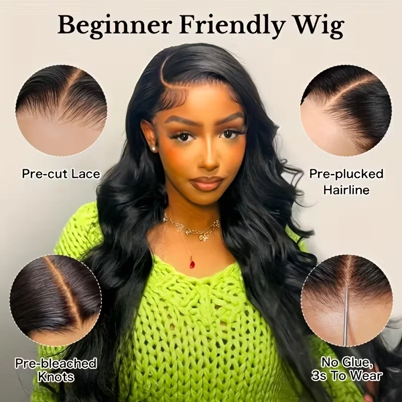 Glueless Wigs 7x6 Body Wave Natural Color Wigs Brazilian Human Hair Wig 200% Density Pre Cut No Glue Wear Friendly for Beginners