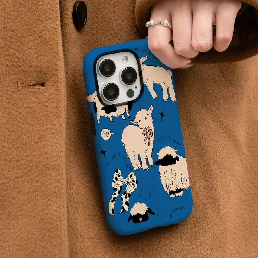 Cute Lamb Cartoon Blue Phone Case for IPHONE 16 15PRO MAX 14 13 12 11 PRO Plus 15pro Acrylic TPU Two in One Mobile Phone Cases