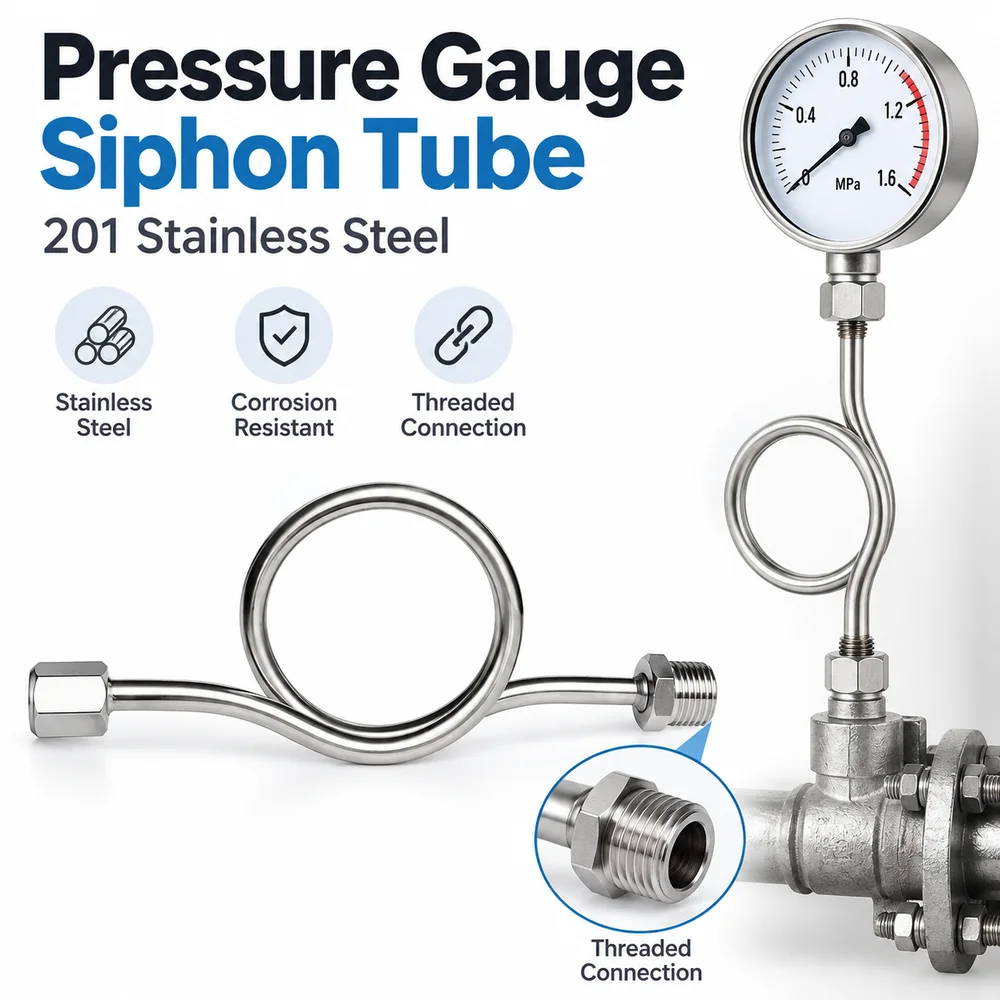 201 Stainless Steel Buffer Tube Thickened Tube Bent Tube Structure Pressure Gauge Siphon Tube Threaded Connection