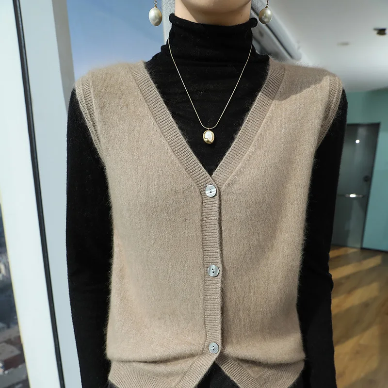 Y2y V-Neck Vest Women Pure Mink Cashmere Sweater Knit Cardigan Sleeveless Vest Fall and Winter Solid Color All Match Loose Top