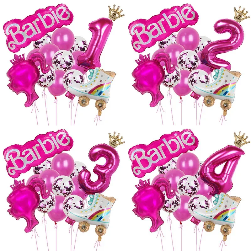 15 pz rosa Barbie corona cuore stella Foil Globos rosa rosso paillettes palloncino in lattice numero 1-9th Baby Shower bambini ragazza festa di