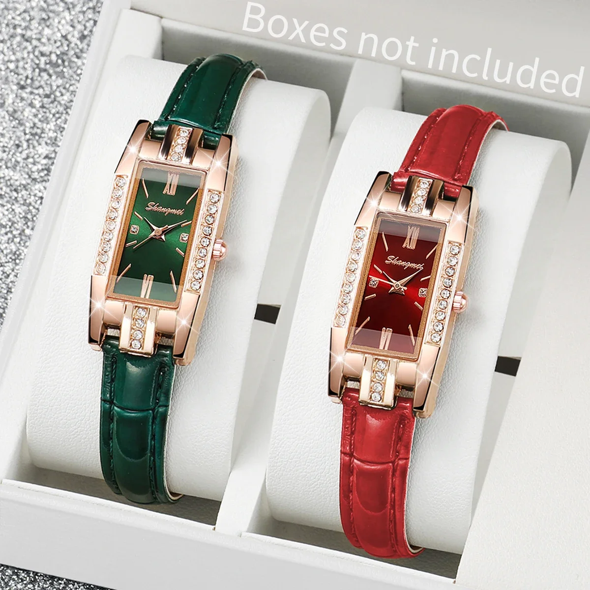 

2-piece/complete set of women's fashion watches, rectangular leather bracelet, quartz watch (without case)