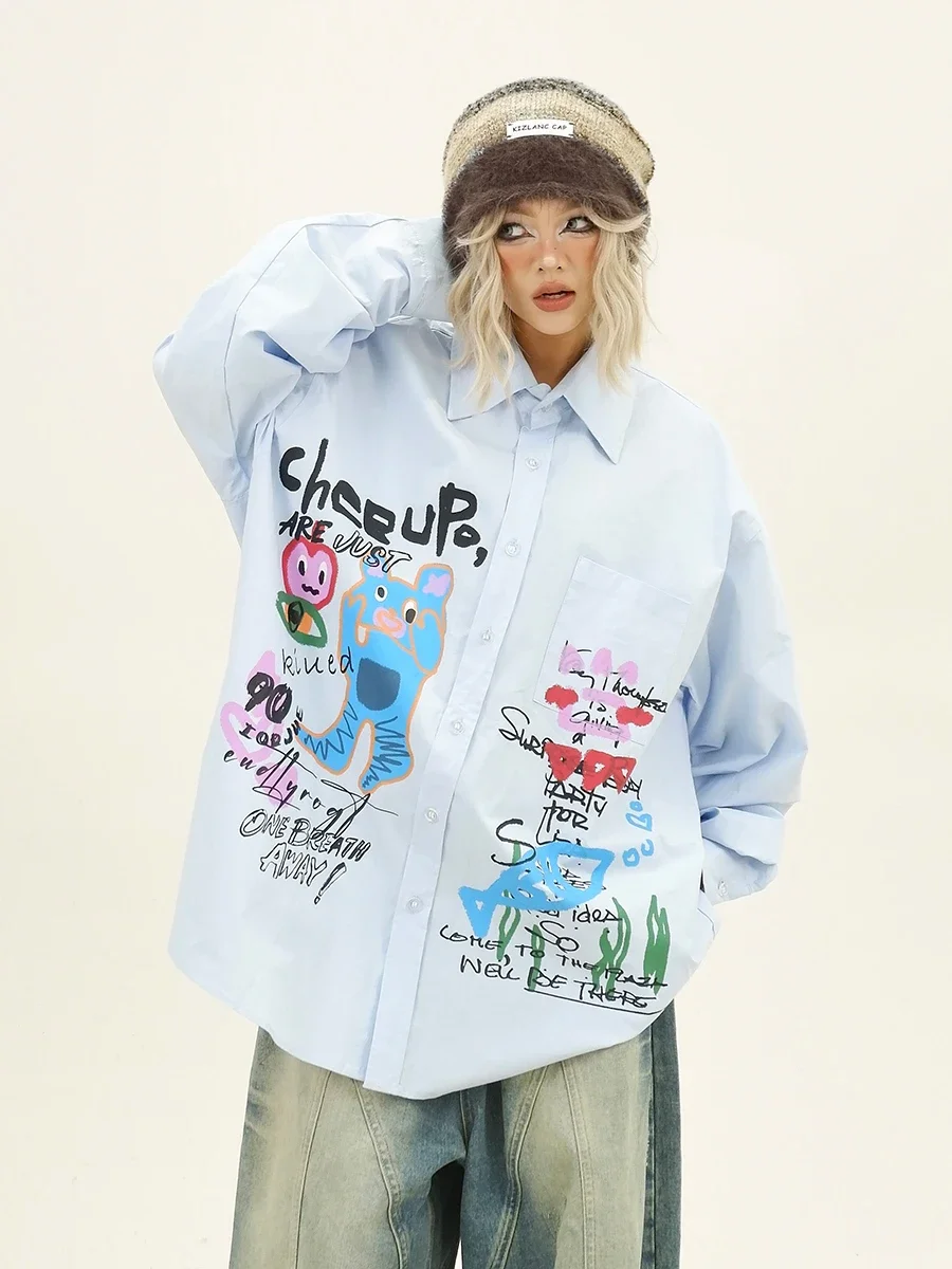 Fun Cartoon Long-sleeved Shirt 2024 Autumn New Loose Bf American College Style Versatile Top Women