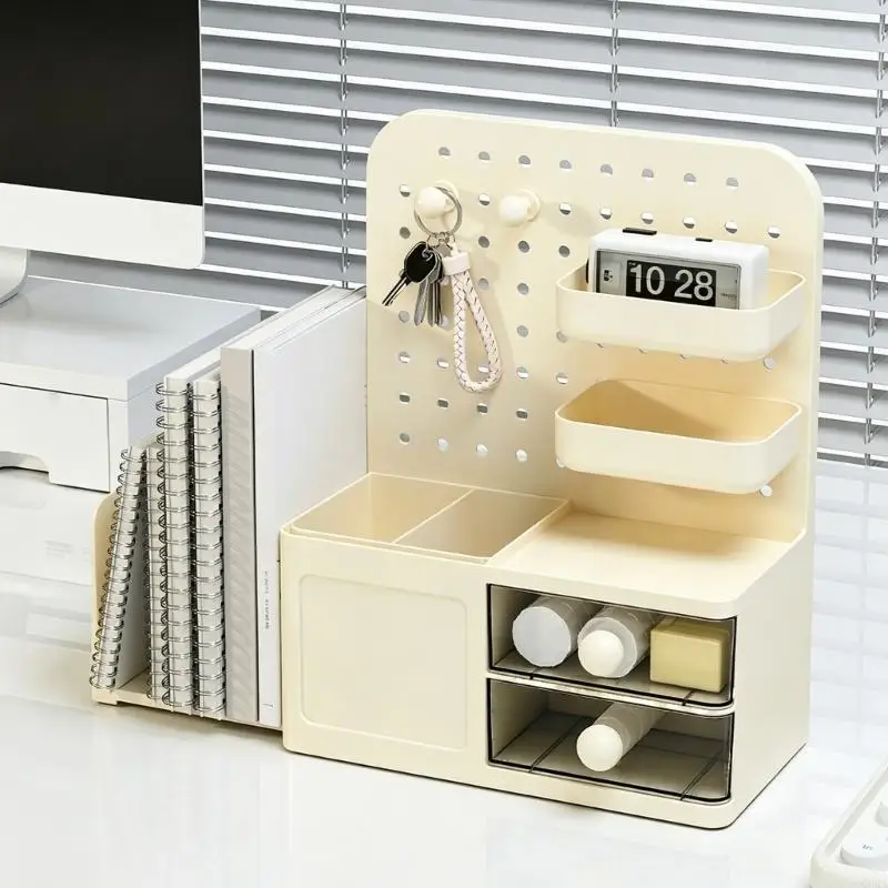 CORA Desktop Pen Organiser Stand with Visible Drawers, Upright Book Section, Pen Cup, and Adjustable Pegboard Arrangement