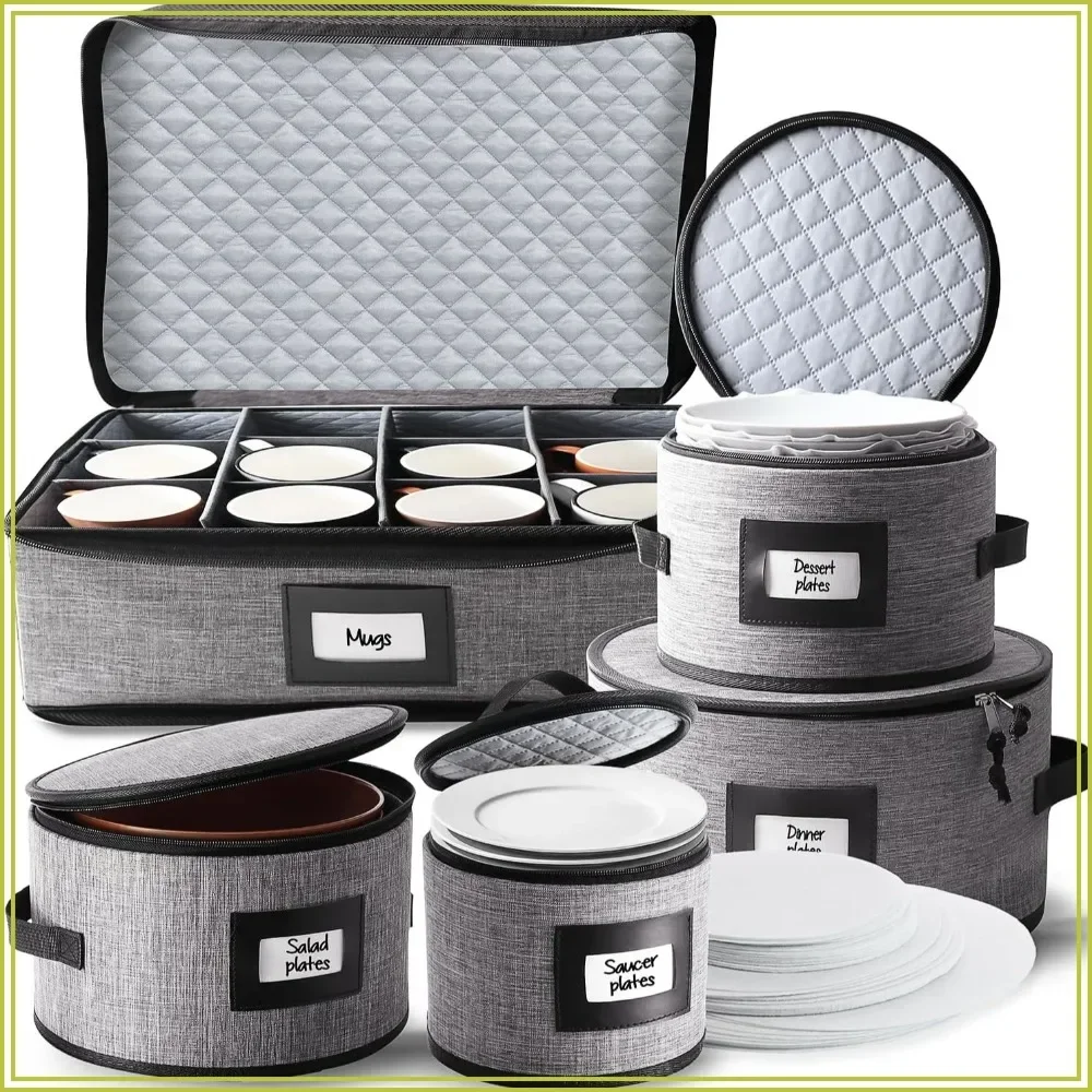 5-Piece Quilted Dish Storage Set, Felt Dividers, for Plates & Mugs, Grey, Moving & Organizing