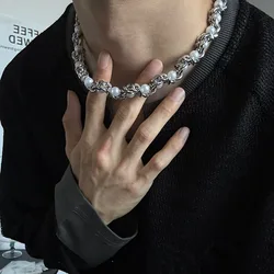 New Creative Stainless Steel Pearl Cuban Chain Necklace Set for Men Women Kpop DIY Jewelry