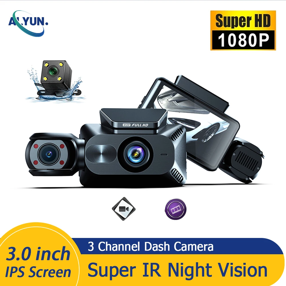 

3inch IPS Car Dvr 3Channel Dash Cam Full HD 1080P IR Night Vision Front Cabin Rear Wide Angle Loop Recording Vehicle Accessories