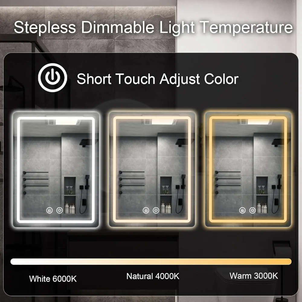 مرآة حمام LED، 20 × 28 بوصة مع أضواء بإضاءة خلفية للحلاقة، مرآة مكياج بدون ضباب مثبتة على الحائط مع ديميستر، #5