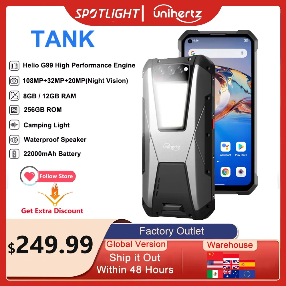 Unihertz TANK 22000 mAh Wytrzymały smartfon Android 12 Telefon komórkowy Night Vision 108 MP G99 8 GB 12 GB 256 GB Telefon komórkowy