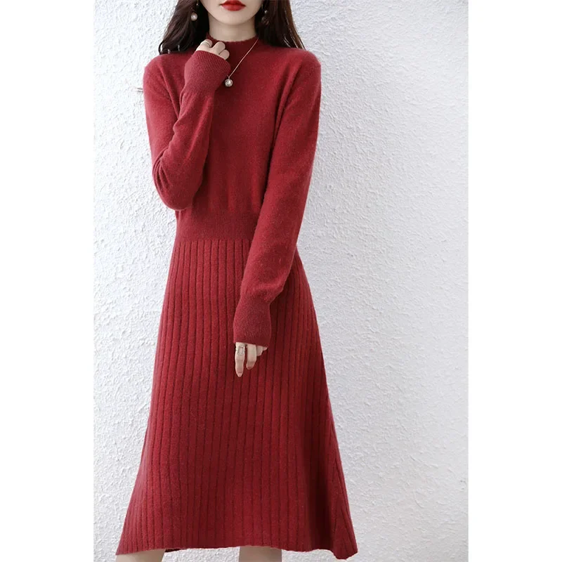 

Tailor Sheep 100% Merino Wool Knitted Sweater Women Dress Winter/Autumn O-Neck Female Dresses Long Style Jumper Girl Clothes