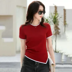 New Women Summer Cotton T-shirt Fashion O-Neck Short Sleeve Fake two pieces Tees Tops Simplicity Irregular Short Slim T-shirt