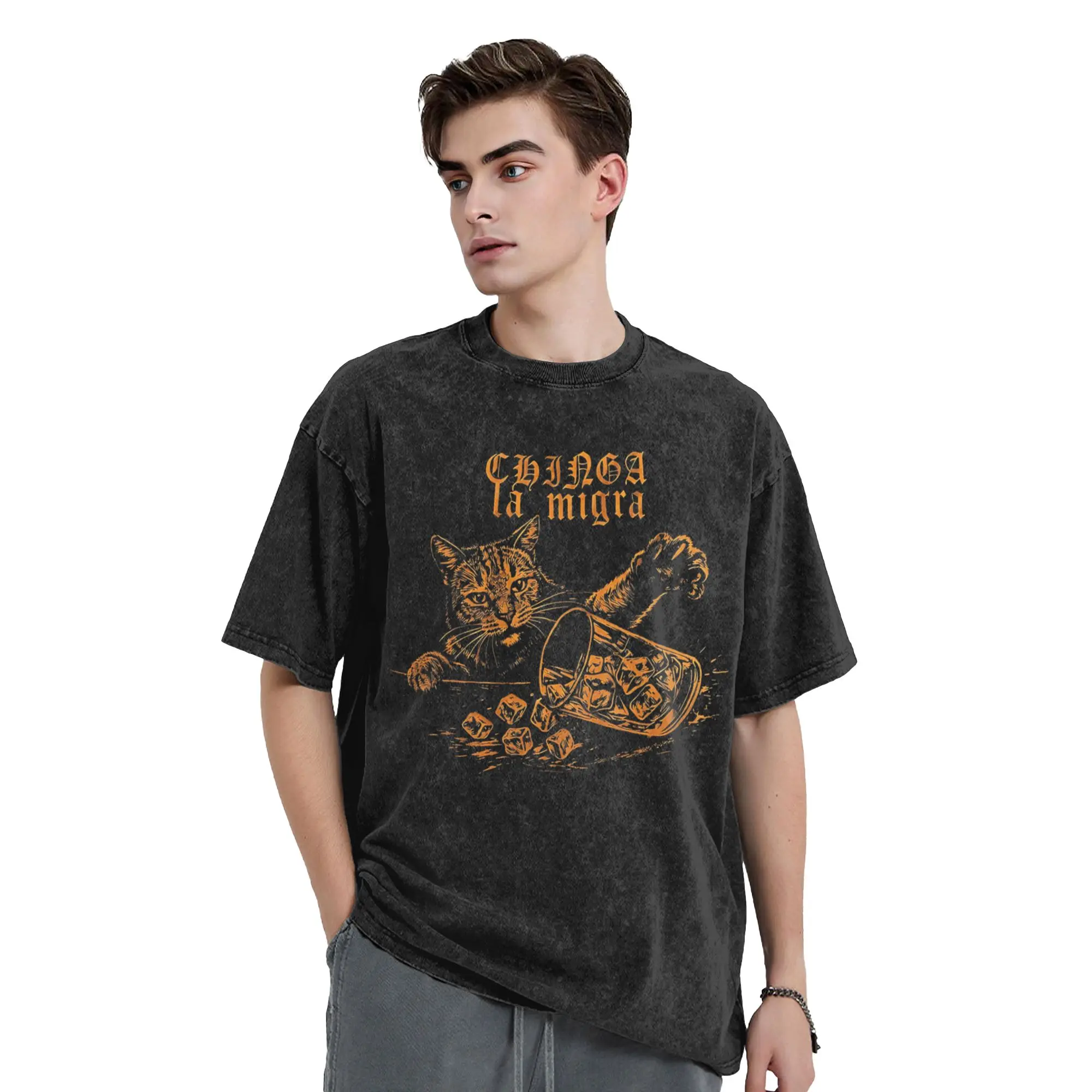 Camiseta para hombre Chinga la migra Cat Washed, camisetas Hipster, camiseta de verano, diseño Streetwear, camisetas informales, Idea de regalo