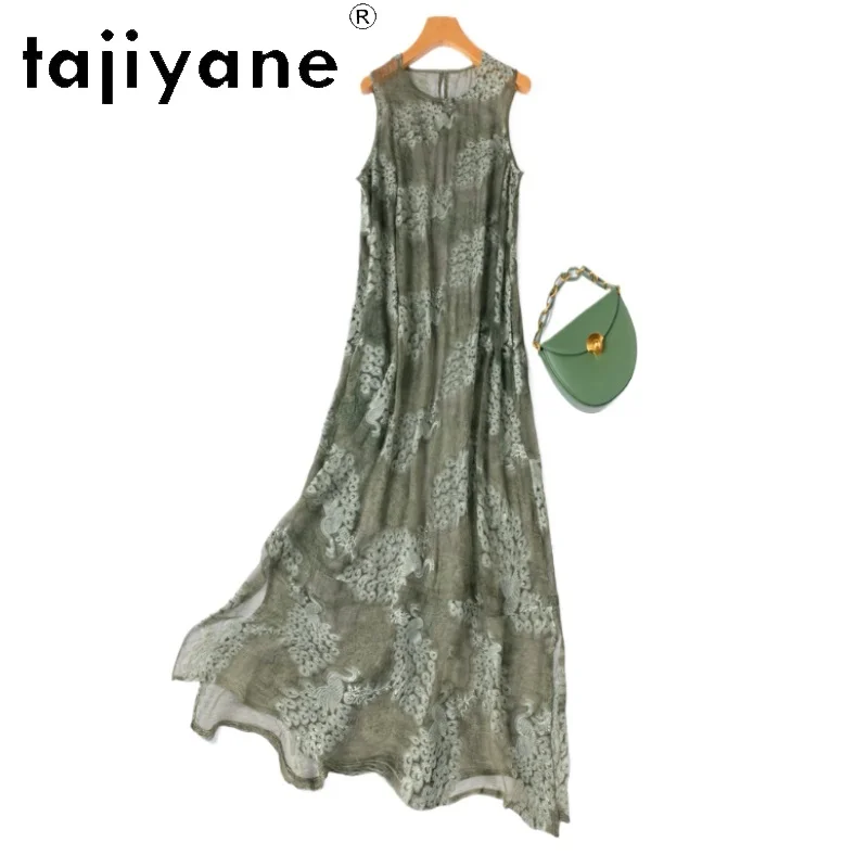 TAJIYANE 100% Maulbeerseide Kleid mit Stickerei, grün, ärmellos, lange Kleider 2026, Damenbekleidung, halbtransparentes Sommer-Tankkleid