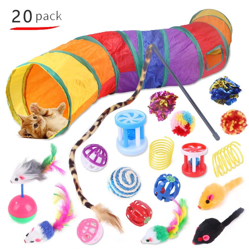 Pet Tunnel Toys Collapsible Interactive Drill Bag Indoor Interactive Toys with Crumpled Paper Tunnel Bags Feathers Teaser Stick