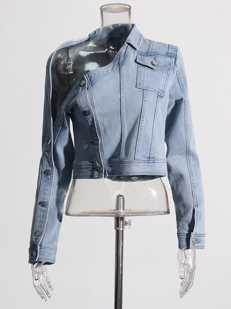 CHICEVER Streetwear Denim Jackets For Women Lapel Long Sleeve Single Breasted Asymmetrical Fashion Spring Jacket Female 2024 New