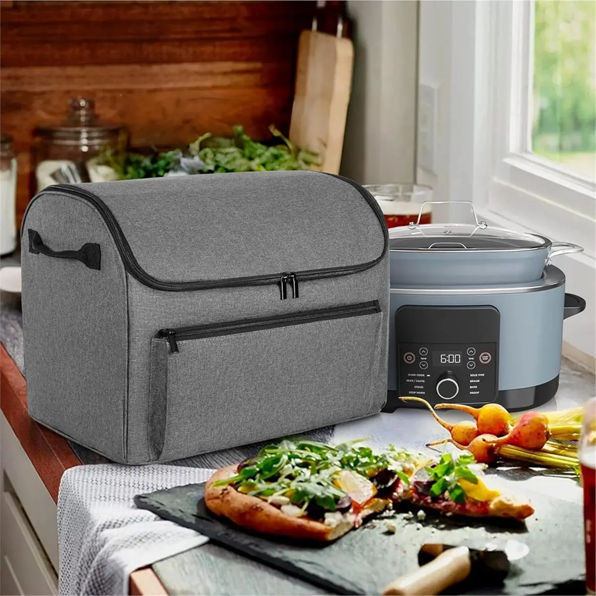 Enclosed Cover for Foodi Possible Cooker Pro, Dust Cover with Front Pocket Fits Slow Cooker, Gray
