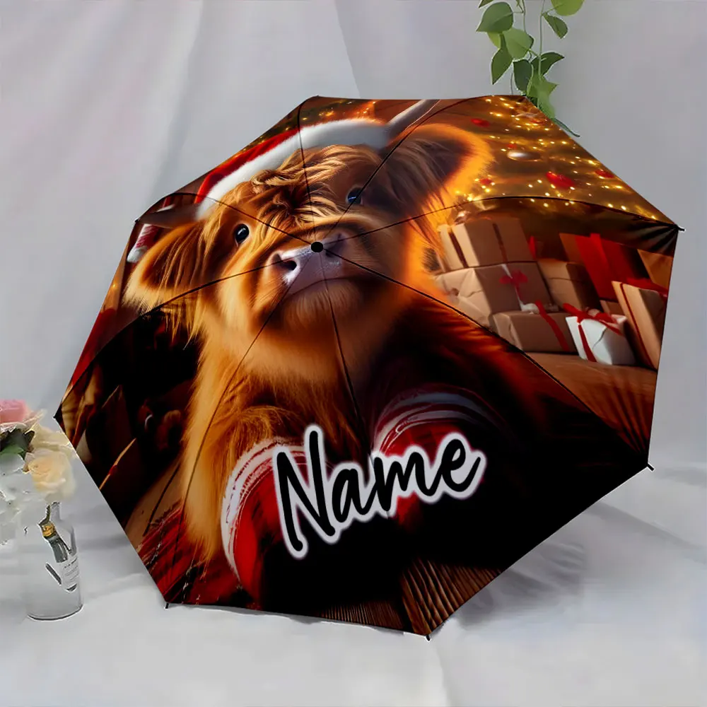 Custom Name  Festive Umbrella with Holiday-Themed Design Print 8 Iron Ribs Folding Umbrella Auto-Open Fashion Sunshade