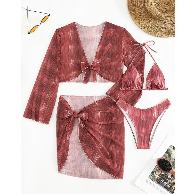 

сексуальный комплект бикини с принтом тай-дай, 4 шт., с сетчатым чехлом с длинными рукавами, топ и юбка, галстук-бабочка, купальник, купальный костюм с высокой талией