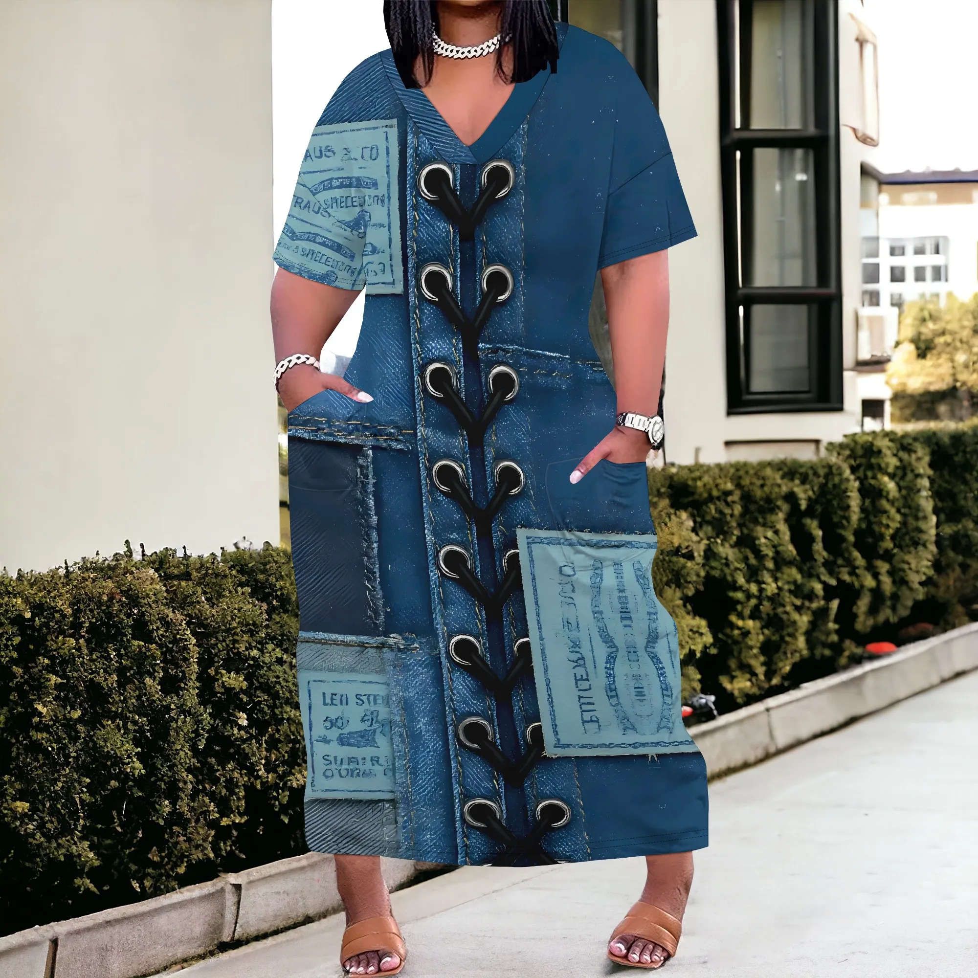 Nupusa Plus Size Maxi Dress Denim Patchwork Print V Neck Short Sleeve Pocketed Dress