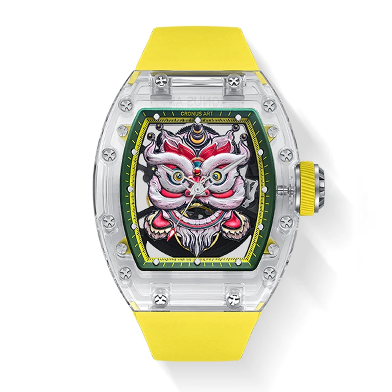 

CRONUSART Мужские автоматические часы с сапфировым корпусом 50 мм * 42 мм Механические наручные часы Tonneau Lume Фторкаучуковый ремешок Пробуждение циферблата льва