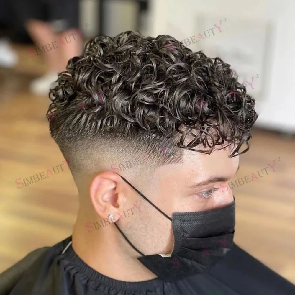 Tupé rizado de 20MM de encaje suizo y piel fina de PU para hombres Q6 Base de encaje frontal pelucas de cabello humano sistema de reemplazo piezas de cabello de prótesis