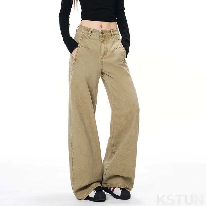 KSTUN 2026 Spring Women's Khaki Jeans Wide Leg Denim Pants Casual Pants Patchwork Loose Slimming Look Vintage Women's Clothing