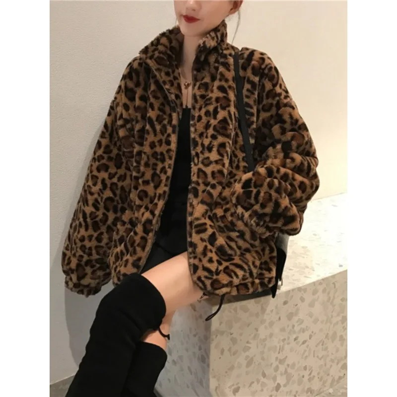 

Пальто из искусственного меха с леопардовым принтом, женская осенне-зимняя корейская версия, свободная теплая хлопковая куртка в западном стиле из овечьей шерсти
