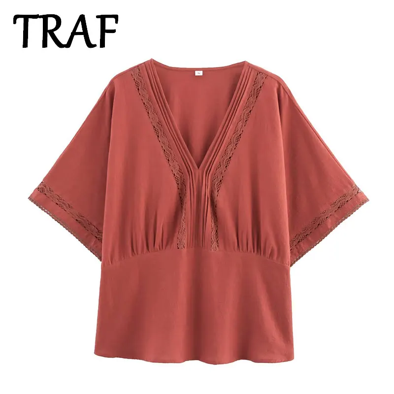

TRAF Women's Shirt 2025 New Fashion Straight lace Colored Short Shirts flax Top Casual Streetwear Short Sleeve Blouse Tops