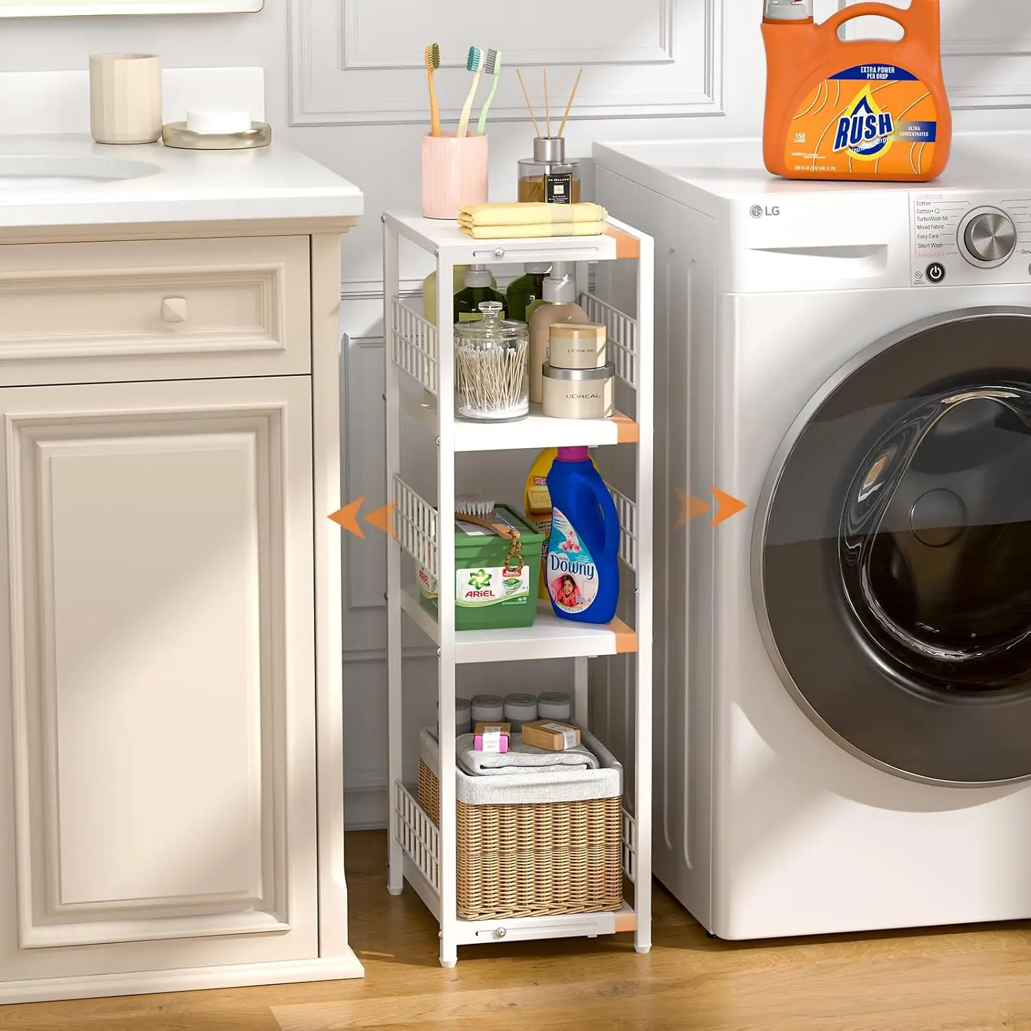 ชั้นวางของเหล็ก 3 ชั้น ขยายได้ แบบตั้งพื้นได้ แคบ ชั้นวางพื้นแบบเปิด Ideal