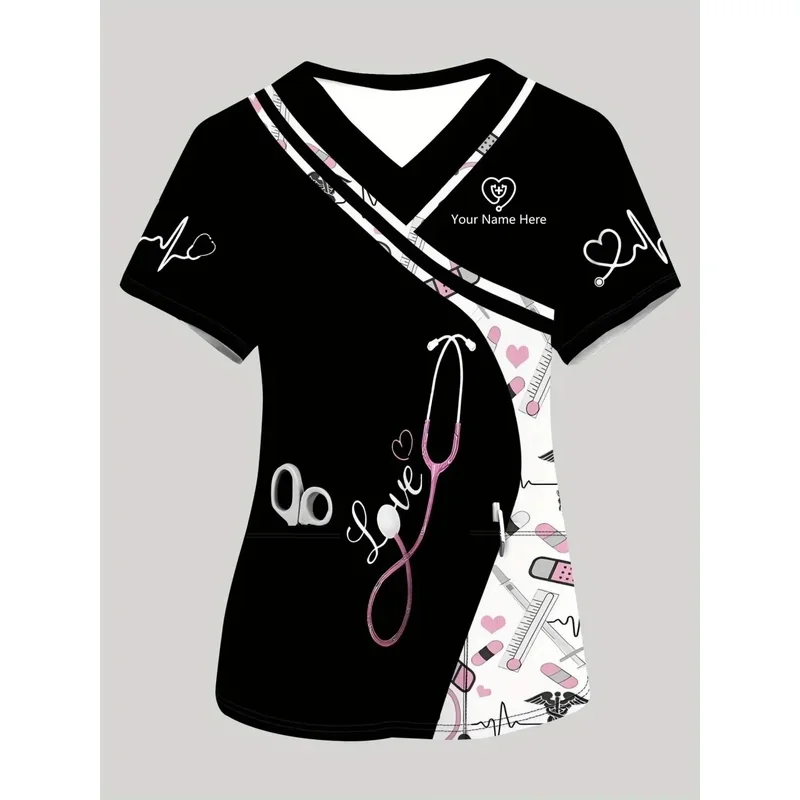 Women's medical workwear Stethoscope printVShort-sleeved nurse top with pockets Dental Clinic Work Uniform