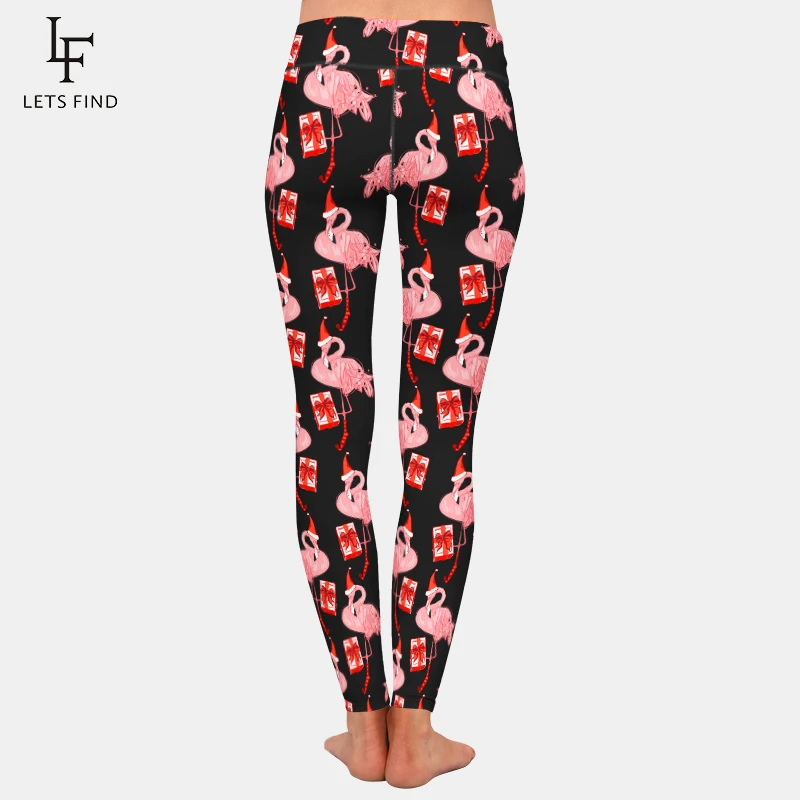 LETSFIND Fashion Christmas New Year Flamingo con regalo e pantaloni con stampa cappello da babbo natale Leggings da donna Fitness a vita alta