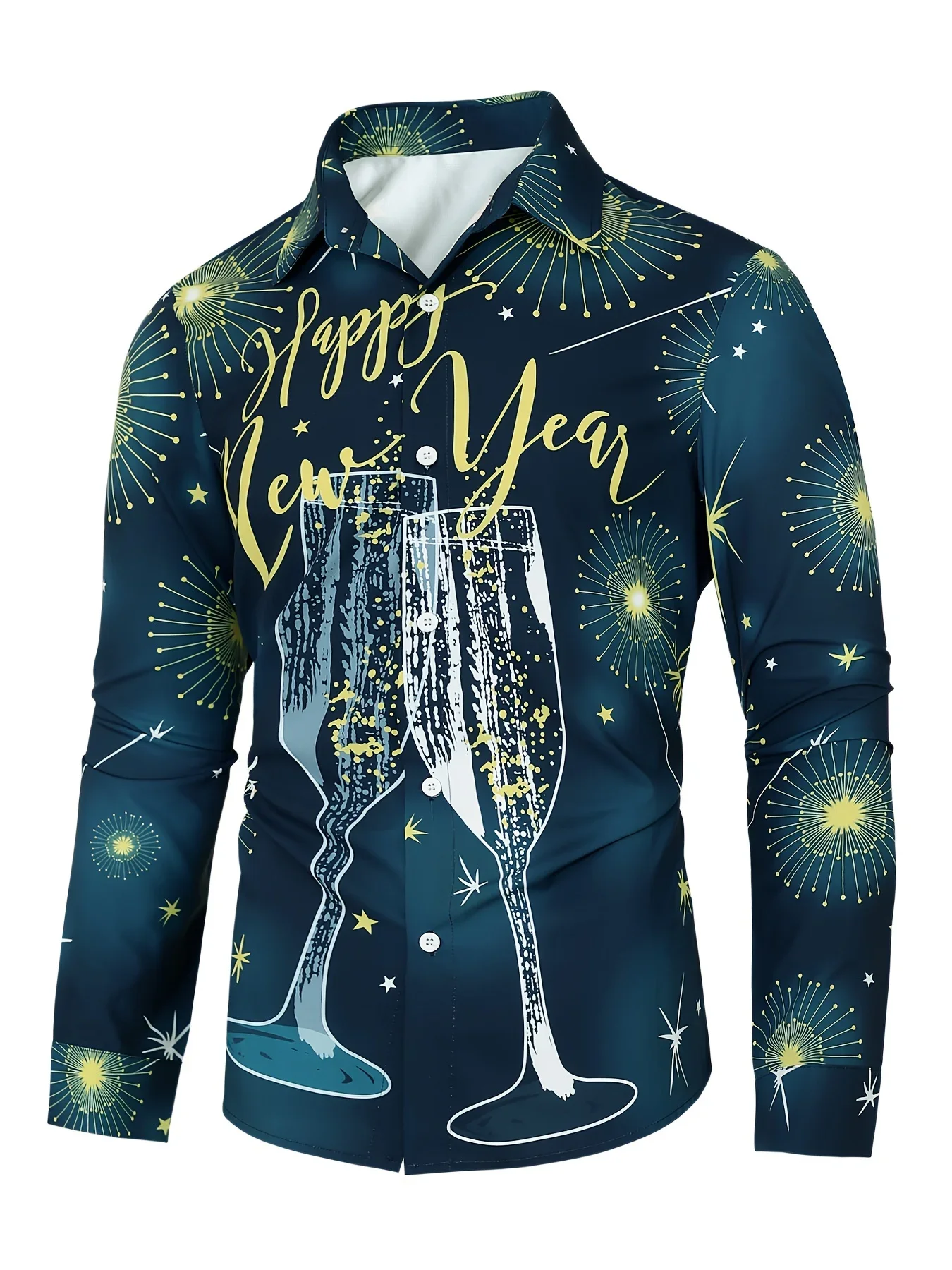 

2025 Happy New Year Men's Stylish Casual Long Sleeve Shirts Breathable Tops New Year's Themed Stylish Pattern Full Sleeve Shirts