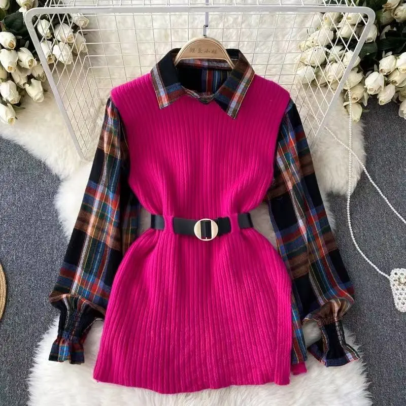 Women\'s Vintage Plaid Shirts Sweater Vest with Waistbelt Set Lady Autumn Winter Lucky Red Knit Tank Tops Blouse Outfits Knitwear