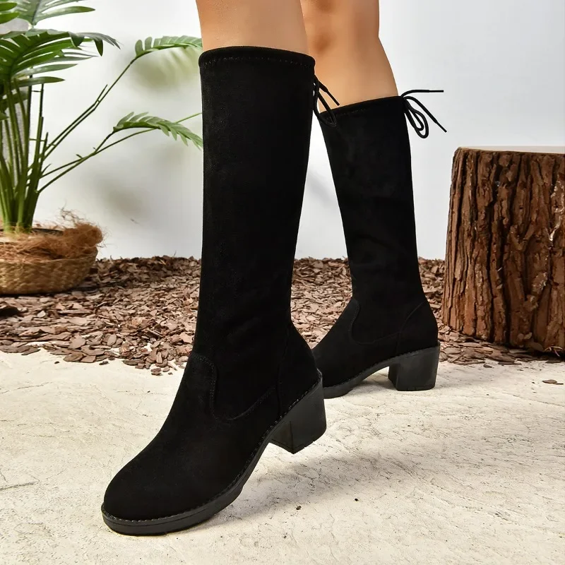 2024 New Fashion Solid Color Knee-High Boots Women's Slim Autumn and Winter Warm Boots Women's Low Heel Black Long Boots